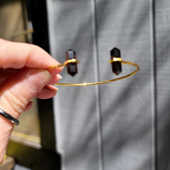 Smokey quartz dual points gemstone sterling &gold dramatic bangle bracelet - Picture 4 of 7